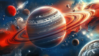 A vibrant cosmic scene featuring a large planet with rings surrounded by various celestial bodies.