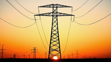 Fototapeta premium Sunset Silhouette of Power Lines and Transmission Towers
