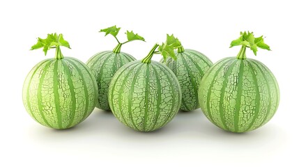 Ripe green melons with leaves isolated on a white background.