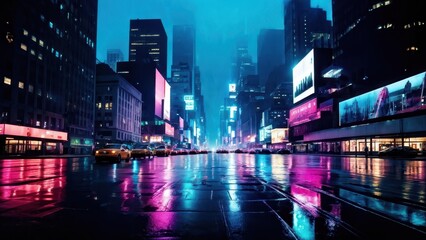 Obraz premium A vibrant cityscape at night reflecting neon lights on wet streets.