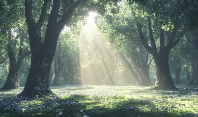 Obraz premium Sunbeams illuminate a lush forest floor.