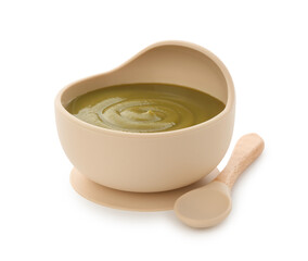 Tasty baby food in bowl and spoon isolated on white