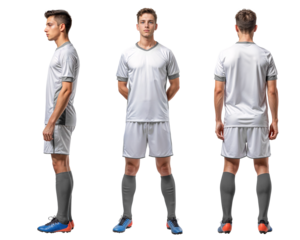 Soccer player in plain white jersey, multiple mockup angle with isolated background