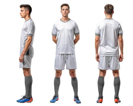 Soccer player in plain white jersey, multiple mockup angle with isolated background - Powered by Adobe