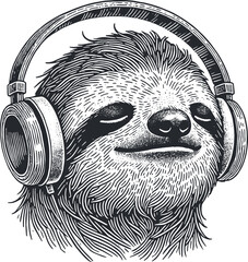 sloth portrait in headphones relax music. Engraving hand drawing ink . Vector © Dmytro