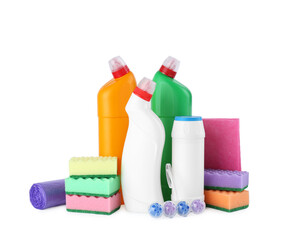 Different toilet cleaners, sponges, rag and trash bags isolated on white