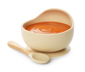 Delicious baby food in bowl and spoon isolated on white