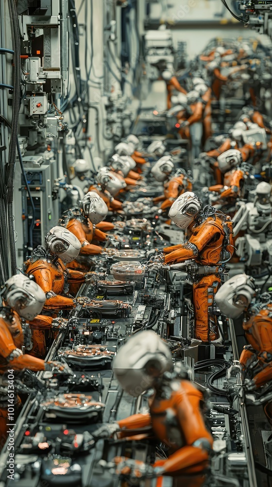 Poster futuristic factory scene with robotic workers in orange uniforms, engaged in advanced assembly line 