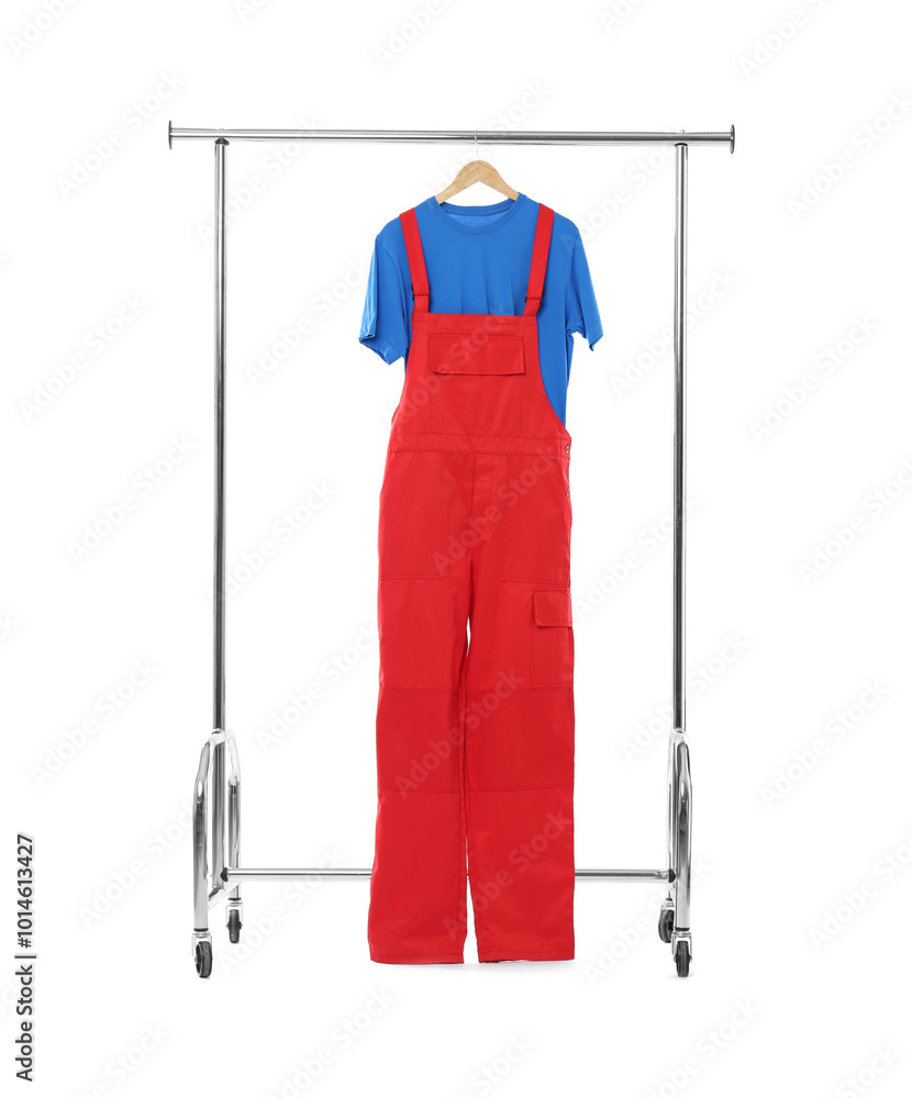 Wall mural One worker's uniform on clothing rack isolated on white