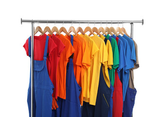 Different workers' uniforms on clothing rack isolated on white