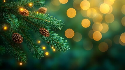 Close-up of fir tree needles illuminated by bokeh lights, creating a warm, festive atmosphere with a soft-focus backdrop.