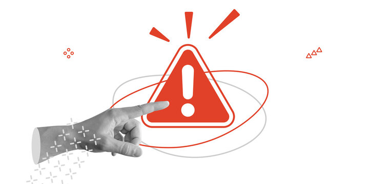 Attention, alert, and danger. Hand points towards red warning symbol with exclamation mark, highlighting urgency or caution. Minimalist art collage