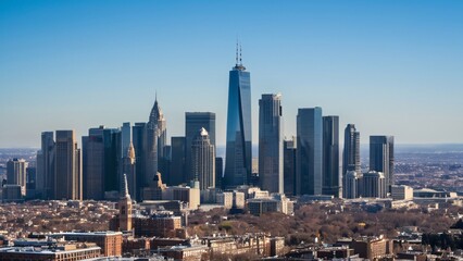 Obraz premium Vibrant Midday City Skyline Under Clear Blue Skies