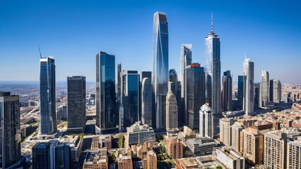 Obraz premium Vibrant Midday City Skyline Under Clear Blue Skies