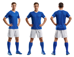 A set of a professional football player in blue jersey with isolated background