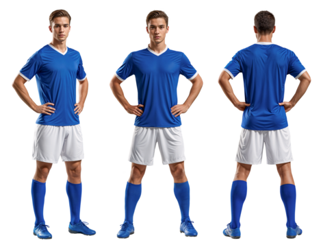 A set of a professional football player in blue jersey with isolated background