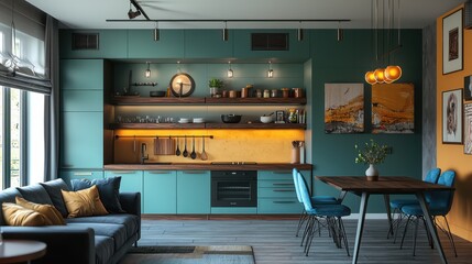 Chic apartment with aquamarine kitchen cabinets, wooden art shelves, butterscotch walls, amber lighting, dark grey sofa, and cerulean dining chairs