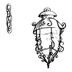 Ancient vintage lantern, iron cast ornate street light gas lamp with chain. Hand drawn ink vector illustration, city urban decor. Single element isolated on white. Design travel, vacation, brochure