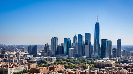 Obraz premium Vibrant Midday City Skyline Under Clear Blue Skies
