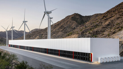Renewable Energy Facility with Wind Turbines and Storage Units