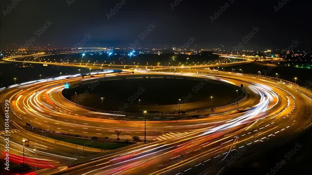 Poster a night view of a circular traffic roundabout with moving vehicles creating light trails against a d