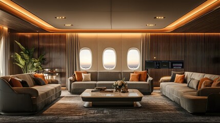 Fototapeta premium Luxurious interior of a private jet cabin featuring modern furniture, warm lighting, and elegant decor for a sophisticated atmosphere.