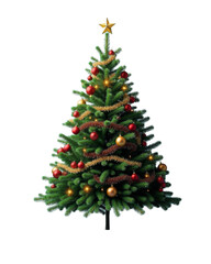 Traditional green Christmas tree with red ornaments and tinsel garland on a transparent background. Ideal for holiday designs, greeting cards, and festive projects