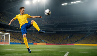 Soccer player doing high kick on the ball, clean stadium background