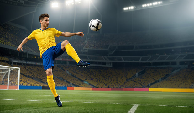 Soccer player doing high kick on the ball, clean stadium background - Powered by Adobe