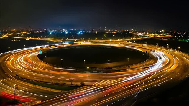 A night view of a circular traffic roundabout with moving vehicles creating light trails against a dark sky.
