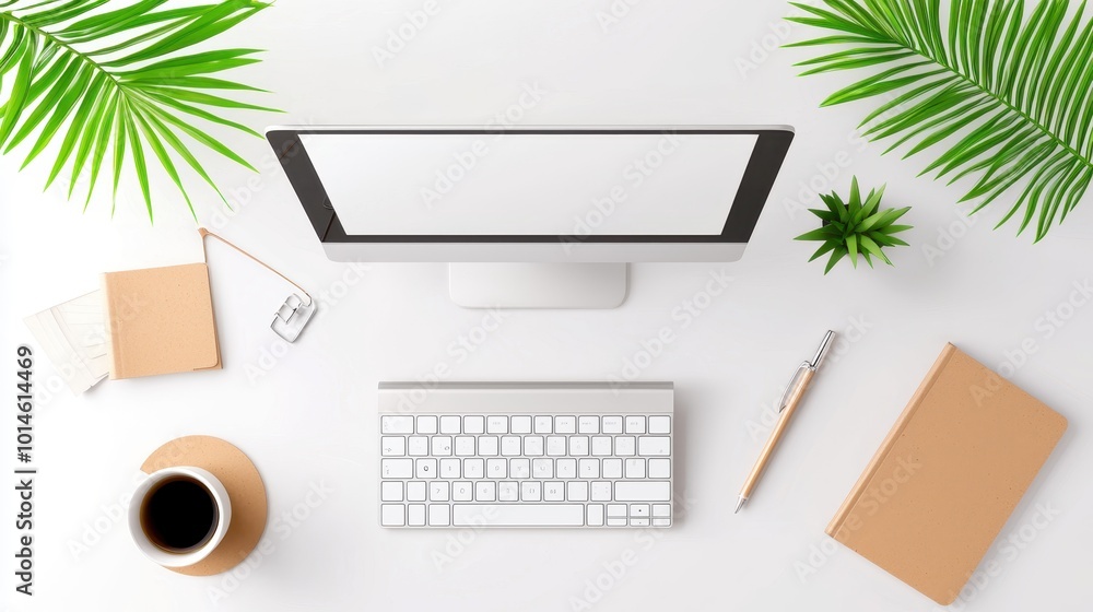 Poster a top-down view of a stylish home office setup with a computer, notebooks, plants, and stationary, c