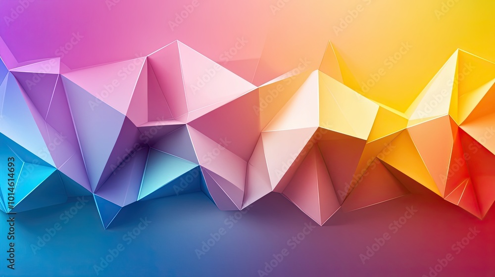 Poster a vibrant rainbow background with sharp, bright colors in geometric shapes, creating a modern and dy