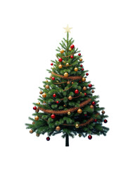Traditional green Christmas tree with red ornaments and tinsel garland on a transparent background. Ideal for holiday designs, greeting cards, and festive projects