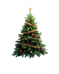 Fototapeta premium Traditional green Christmas tree with red ornaments and tinsel garland on a transparent background. Ideal for holiday designs, greeting cards, and festive projects