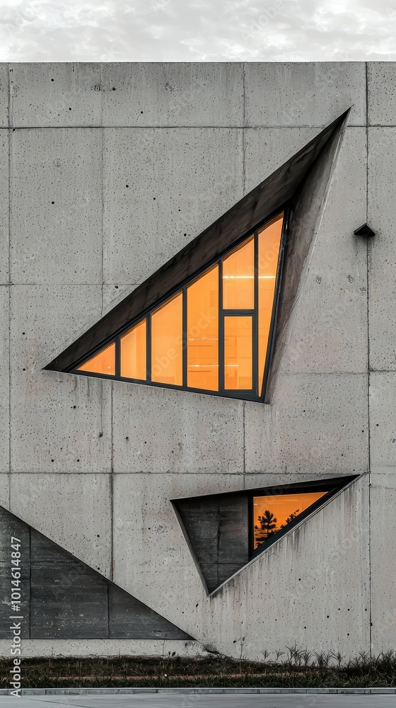 Aufkleber modern architectural design featuring triangular windows that illuminate a concrete facade with warm
