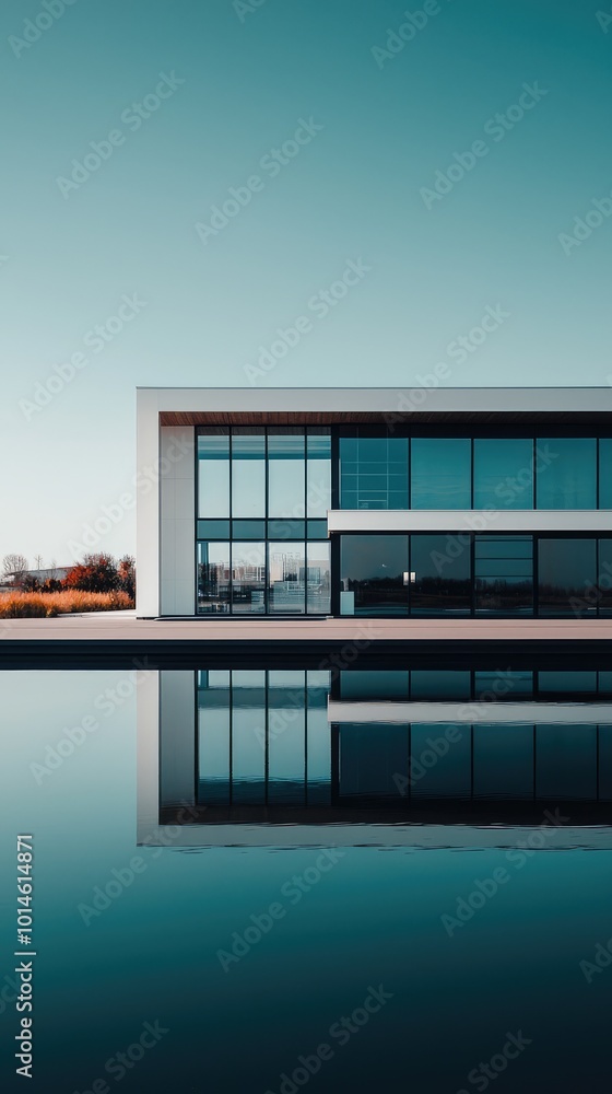 Poster modern architecture featuring a stylish building with large windows, beautiful reflection in the wat