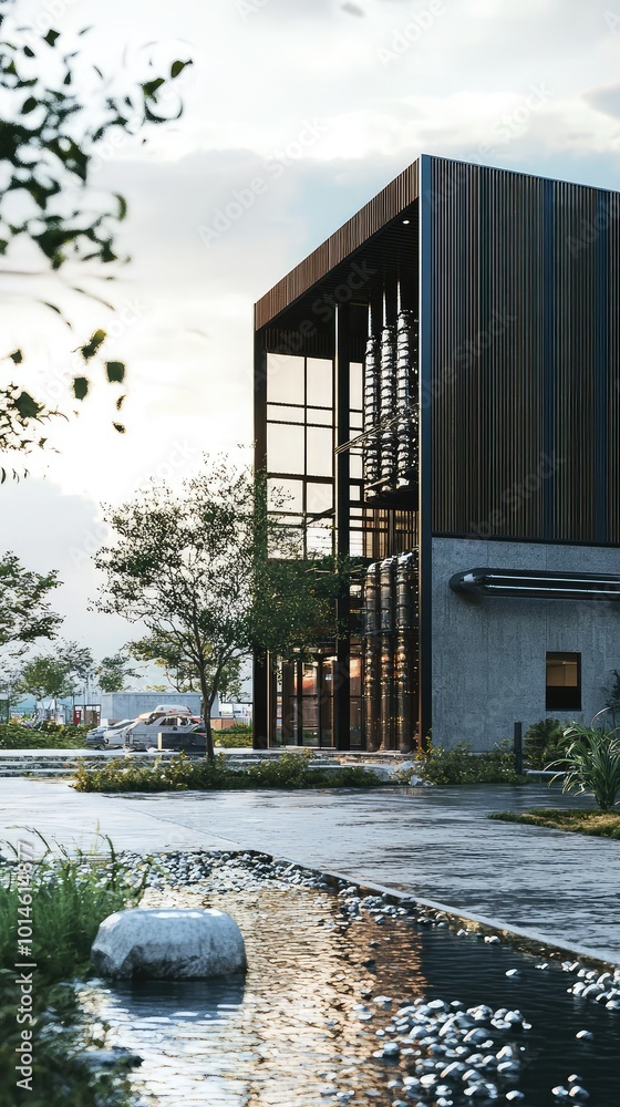 Aufkleber modern architecture featuring a sleek building beside a tranquil water feature and lush greenery und