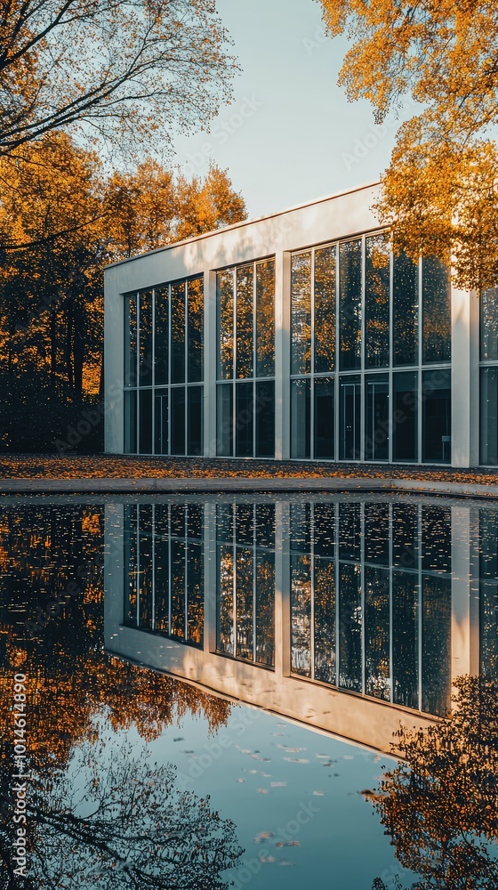 Poster modern architecture reflecting on a serene water surface surrounded by autumn foliage creates a tran