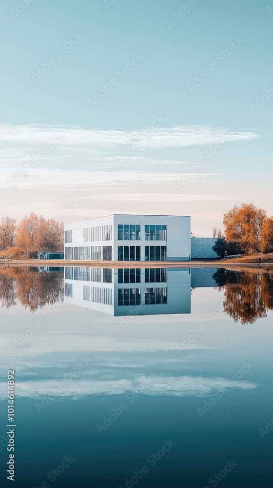 Poster modern architecture reflects in calm water, surrounded by trees in autumn colors, creating a tranqui