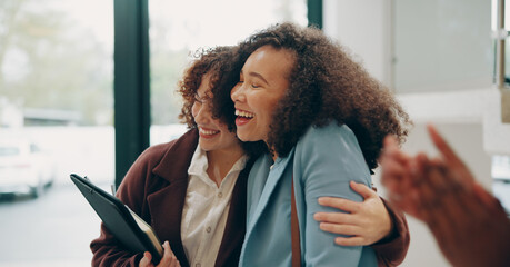 Business, women and happy on hug at office for career opportunity, job promotion and success....