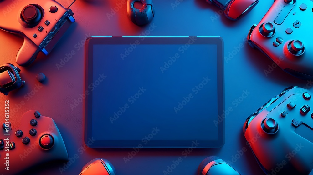 Poster A tablet surrounded by game controllers in a colorful light.