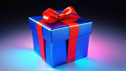 Obraz premium A vibrant blue gift box with a red ribbon, symbolizing celebration and surprise.