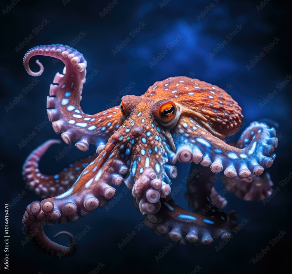 Sticker A colorful octopus with blue spots. AI.