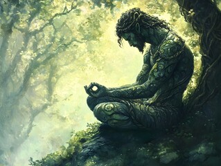 Fototapeta premium Mystical Satyr Meditating in Lush Forest Clearing Bathed in Ethereal Light