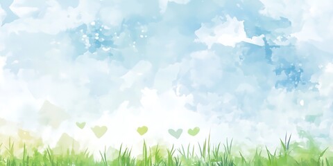 Obraz premium watercolor abstract landscape with clouds on blue sky and green grass. hand painted background 