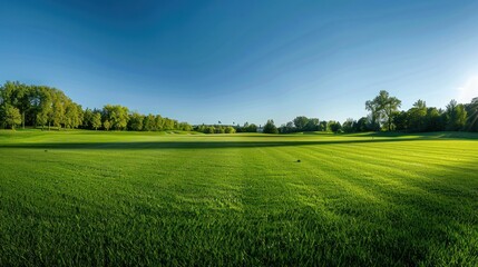Fototapeta premium Expansive Green Golf Course with Trees and a Blue Sky