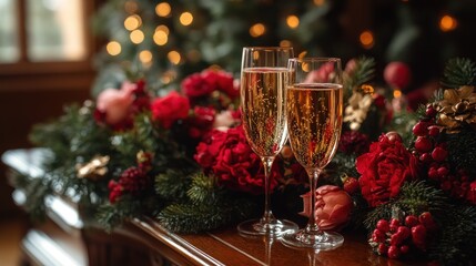 Two champagne flutes filled with sparkling wine sit on a table decorated with red flowers and pine branches, with a blurred Christmas tree in the background.