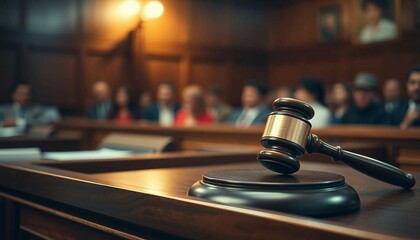 Obraz premium Close-up of a judge's gavel on a wooden table in a courtroom, with jurors and clients blurred in the background.
