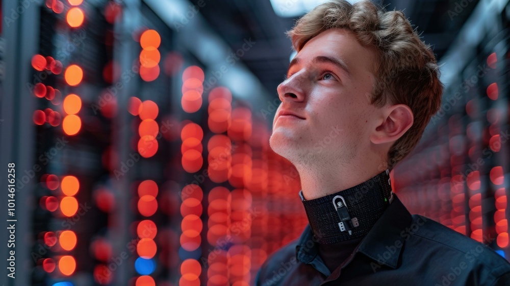 Poster a man looks up with a thoughtful expression in front of a wall of red lights. ai.