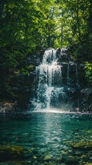 Waterfall cascading into a serene pool. AI.